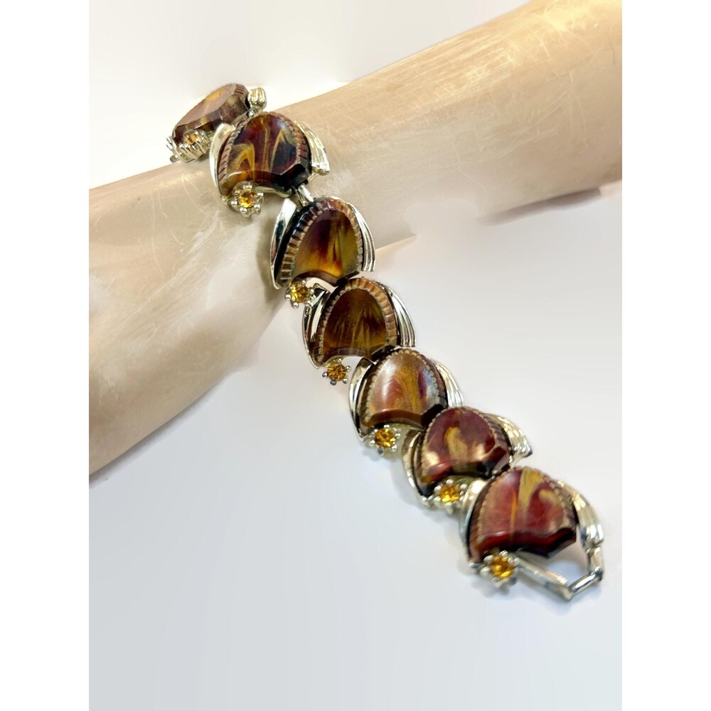 Vintage Thermoset Bracelet: Brown Silver Tone Rhinestone Lucite 60s MCM